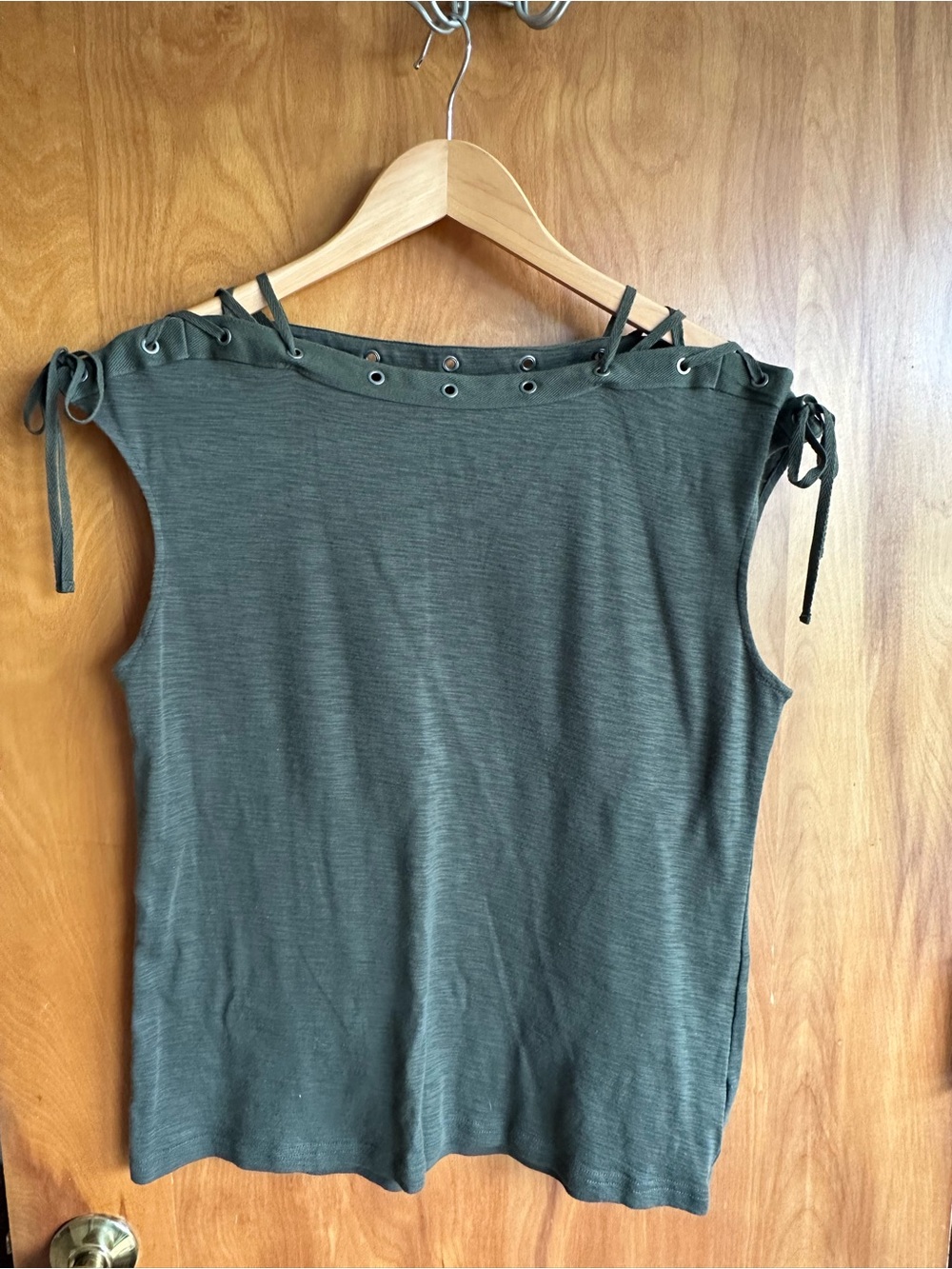 Chaps Olive Green Eyelet Tie-Shoulder Tank Top